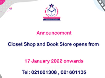 Announcement Closet Shop and Book Store
opens from 17 January 2022 onwards