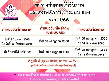 ประกาศ
กำหนดการวันรับภาพและส่งไฟล์ภาพเข้าระบบ
REG  เทอม 1/2566