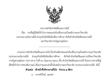 ประกาศรายชื่อผู้มีสิทธิ์เข้ารับการสอบแข่งขันแต่งตั้งเป็นพนักงานมหาลัย
ตำแหน่ง เจ้าหน้าที่บริหารงานทั่วไป
